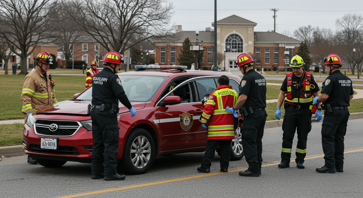 A dynamic image of a car accident scene with emergency responders assisting the injured, showcasing the urgency and seriousness of personal injury cases. The background includes recognizable Pearland landmarks.