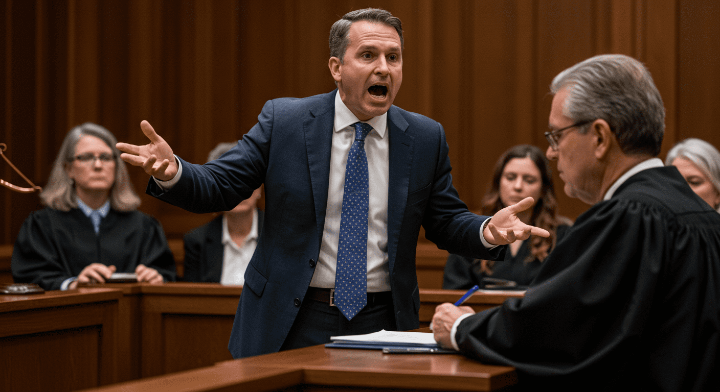 Attorney passionately arguing a case in a courtroom