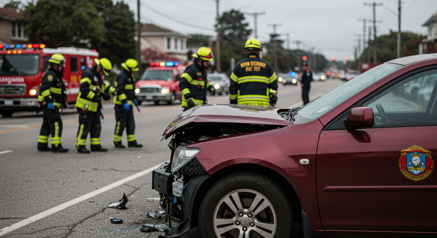 A close-up of a damaged car on the roadside, with emergency responders assessing the situation. The background shows a blurred view of a busy street in Georgetown, emphasizing the urban context of the accident.