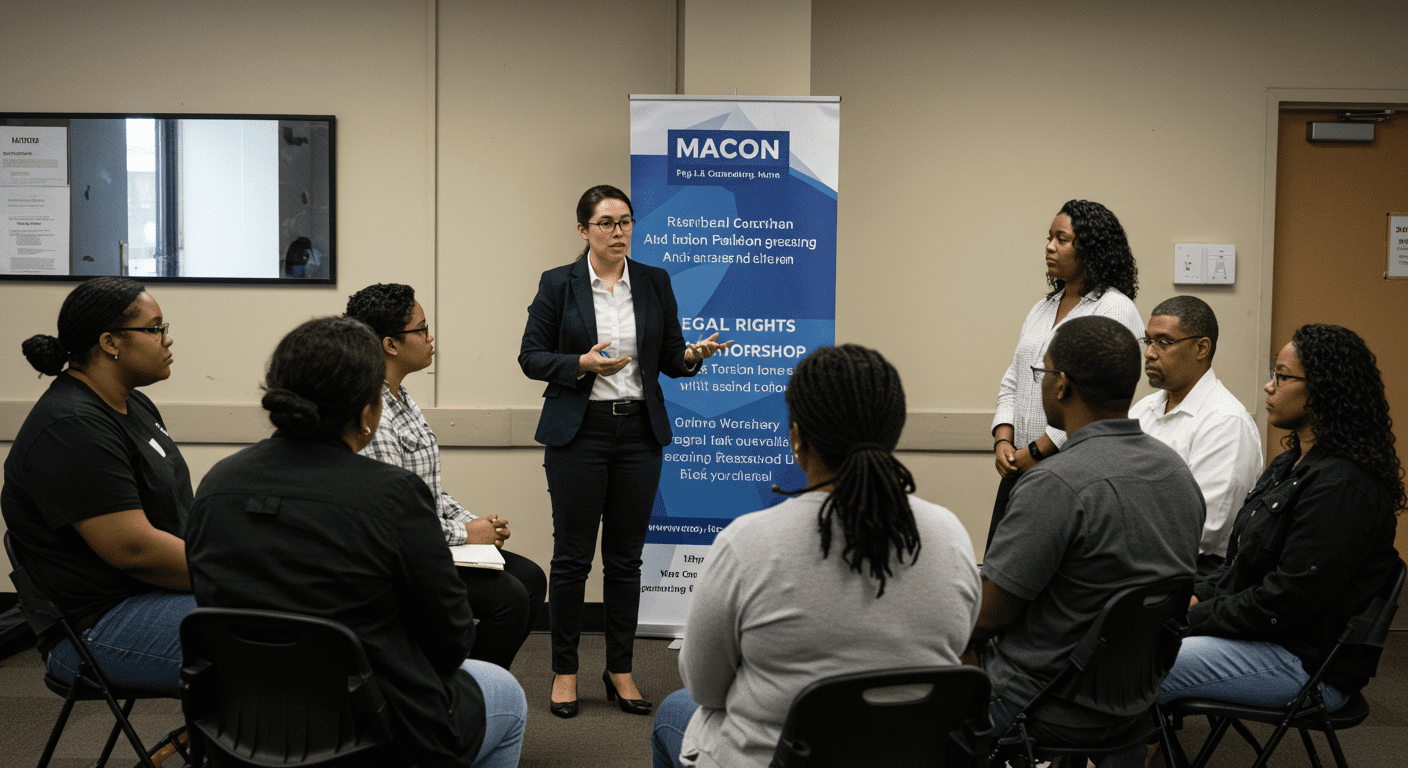 A diverse group of people gathered in a community center, engaged in a legal workshop. A legal professional is presenting information on legal rights and resources available in Macon.