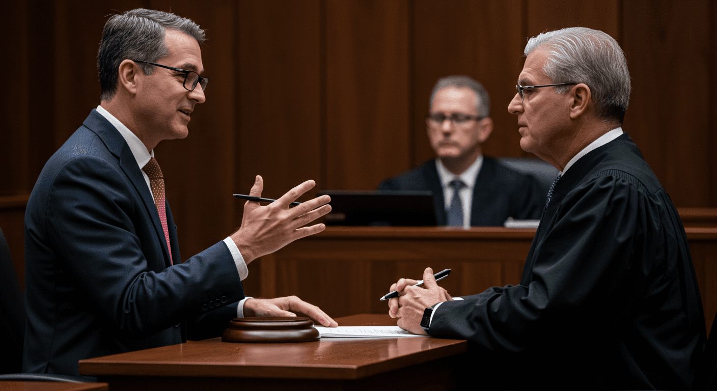 A courtroom scene with a serious injury attorney presenting a case to a judge. The focus is on the attorney's confident demeanor, highlighting their role in advocating for clients' rights.