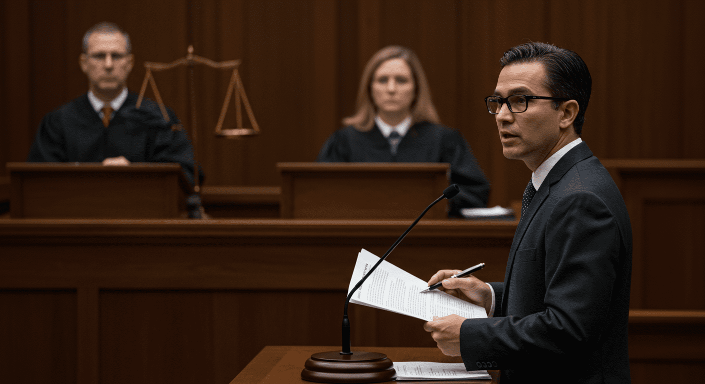 A courtroom scene with a lawyer presenting a case before a judge. The focus is on the lawyer confidently addressing the court, with the judge and jury visible in the background. The atmosphere conveys seriousness and professionalism.