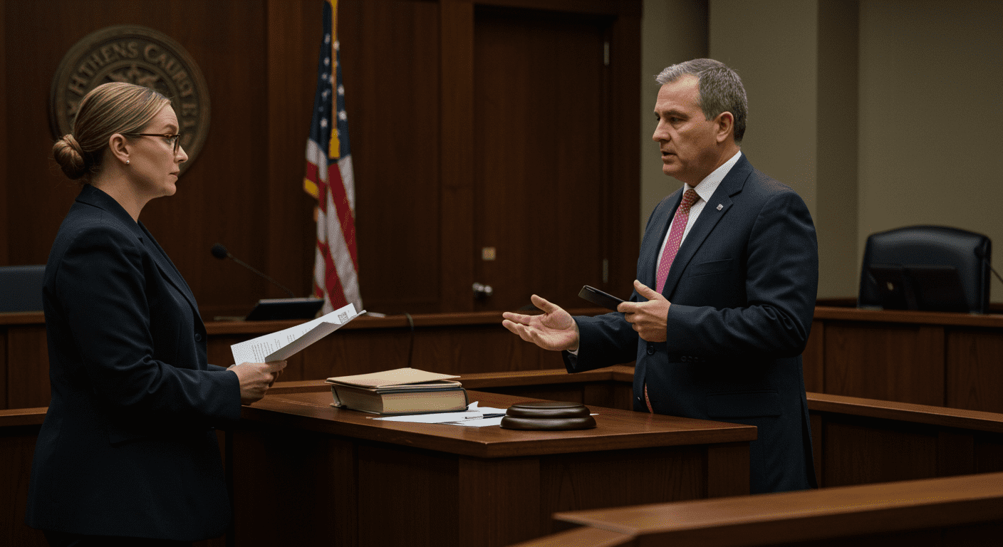 A courtroom scene with a lawyer presenting a case to a judge, symbolizing the legal process following a car accident. The setting is designed to reflect a typical courtroom in Athens-Clarke County.