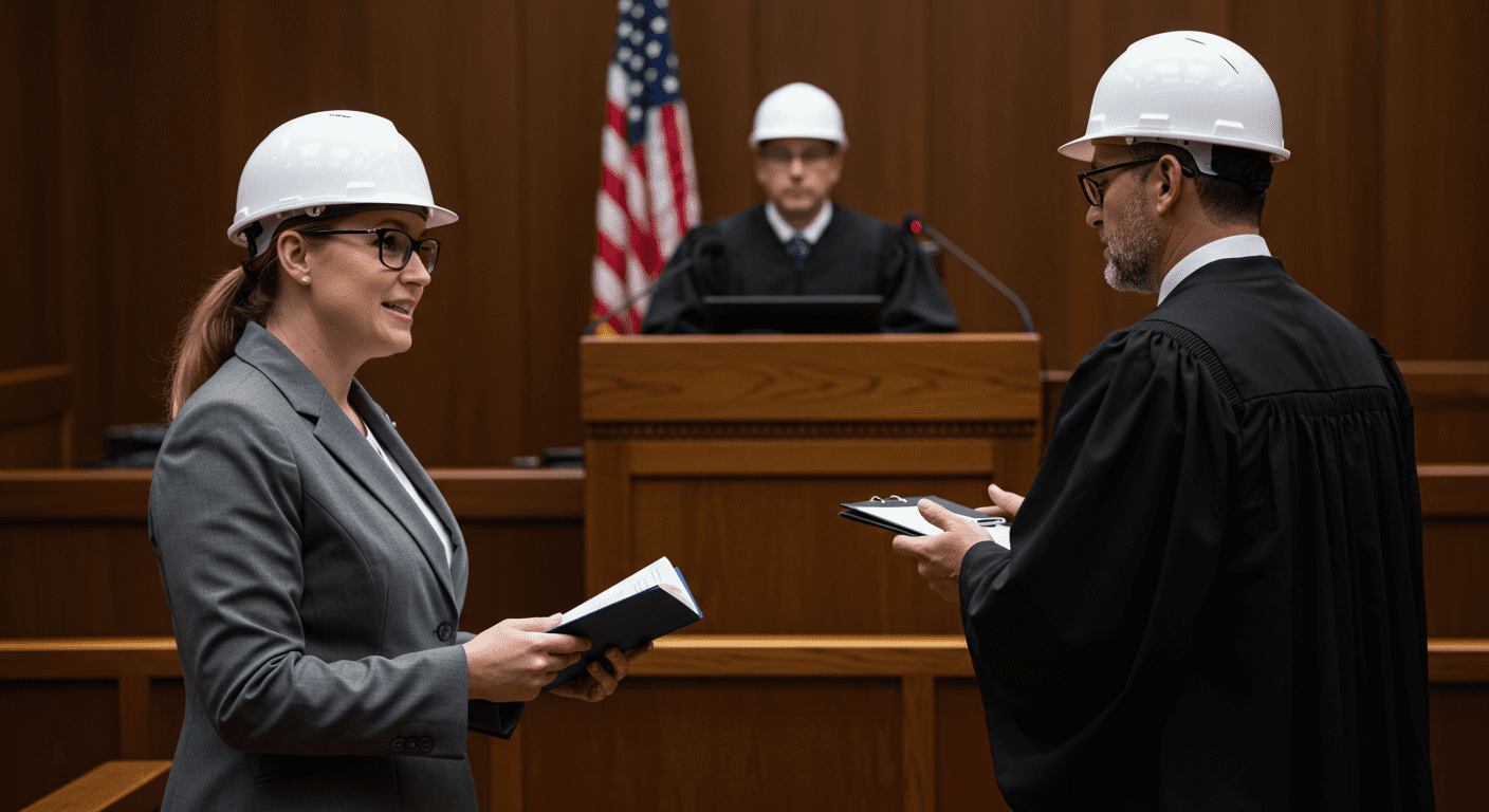 A courtroom scene where a work injury advocate is presenting a case to a judge. The image captures the seriousness of the legal process, with the judge and jury visible in the background.