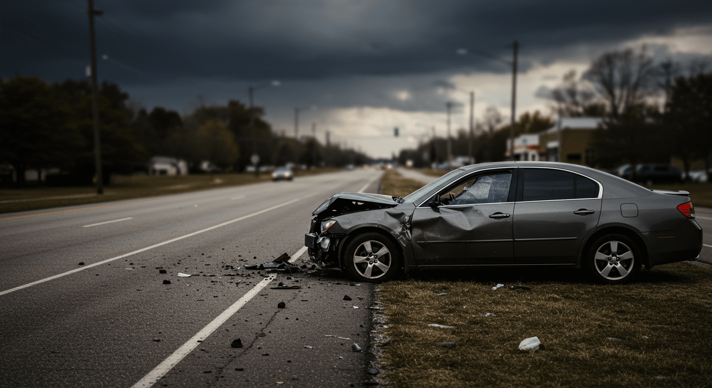 A dramatic image of a damaged car on the side of the road with a blurred background of Clarksville's streets. This image captures the aftermath of a car accident.