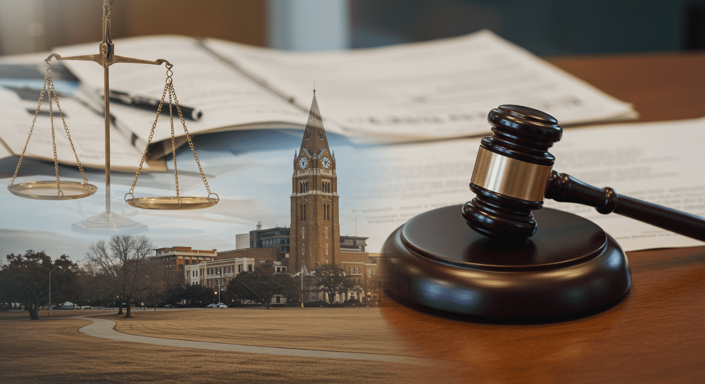 An outdoor view of a recognizable landmark in Duncanville, TX, with an overlay of legal documents and a gavel. This concept combines local identity with the theme of legal representation.