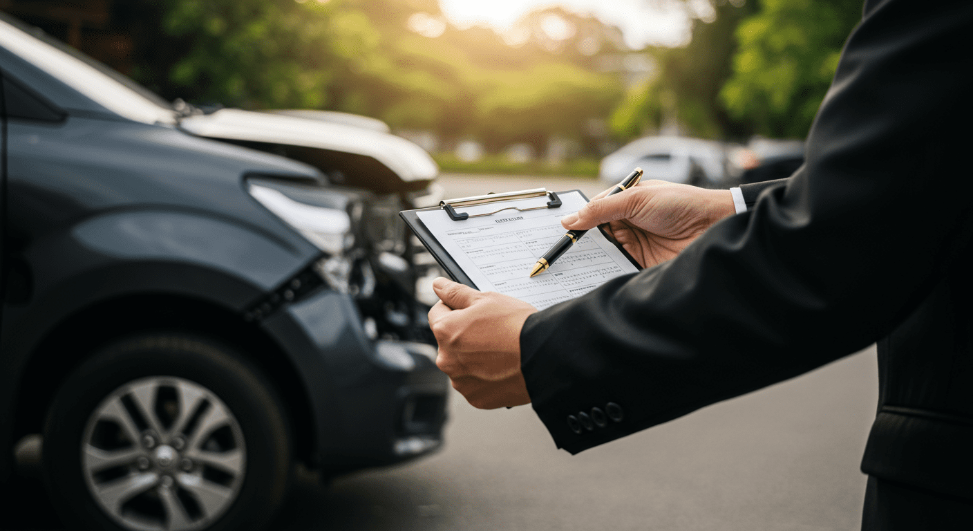 A close-up of an accident scene with a lawyer collecting evidence, such as taking photographs of the vehicles and the surroundings. The image conveys the importance of gathering information for a legal case.