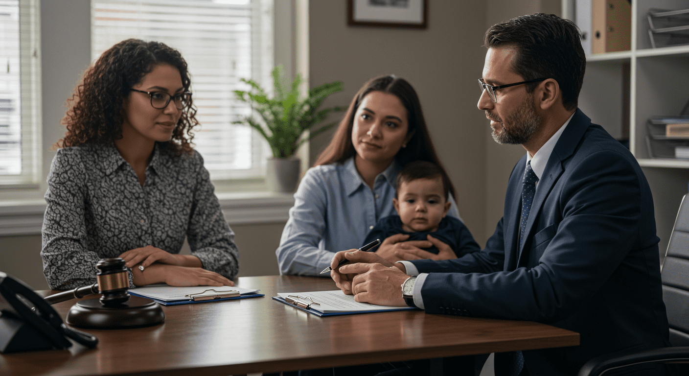 A compassionate lawyer discussing family law matters with a family in a cozy office setting. The image captures the emotional support provided by legal professionals in Augusta-Richmond County.
