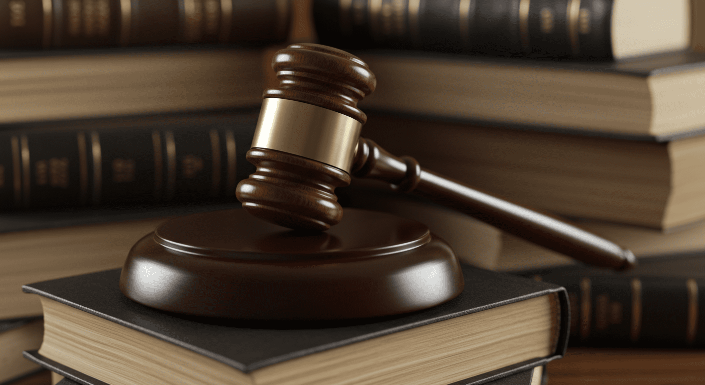 A close-up of a gavel resting on a stack of legal books, symbolizing justice and the law.