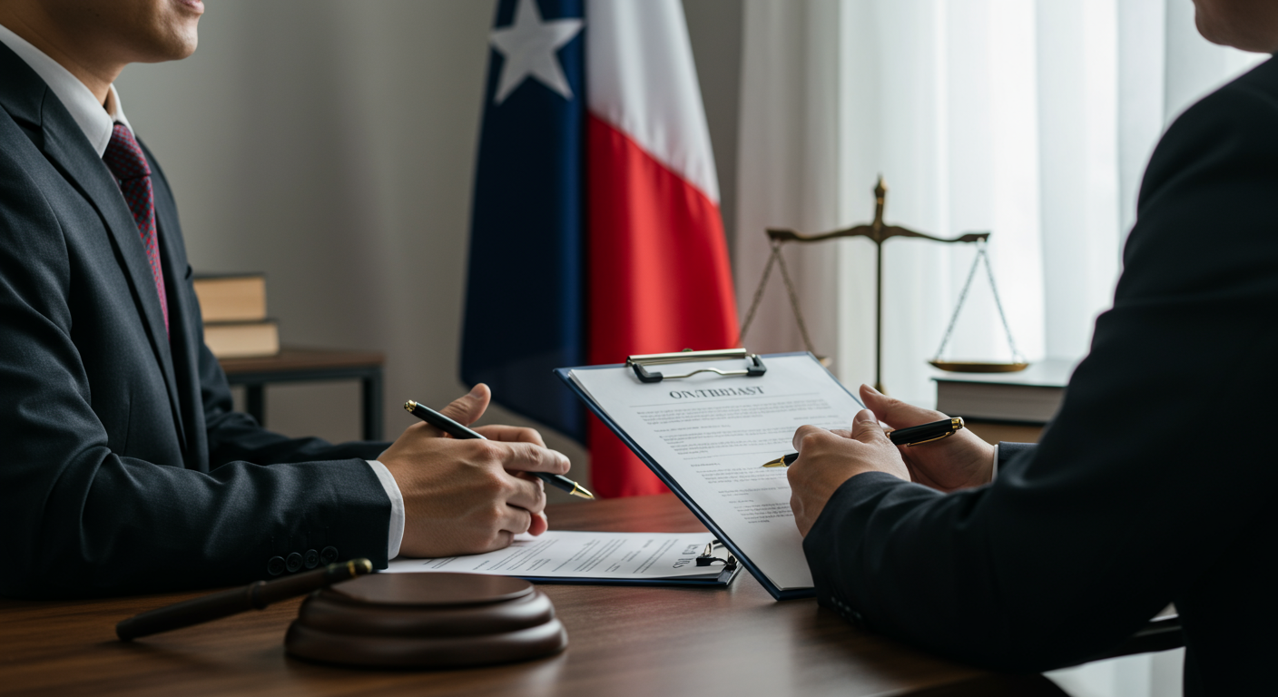 An injured worker sitting in a consultation with a lawyer, with supportive visuals of legal documents and a Texas flag in the background, representing local legal support.