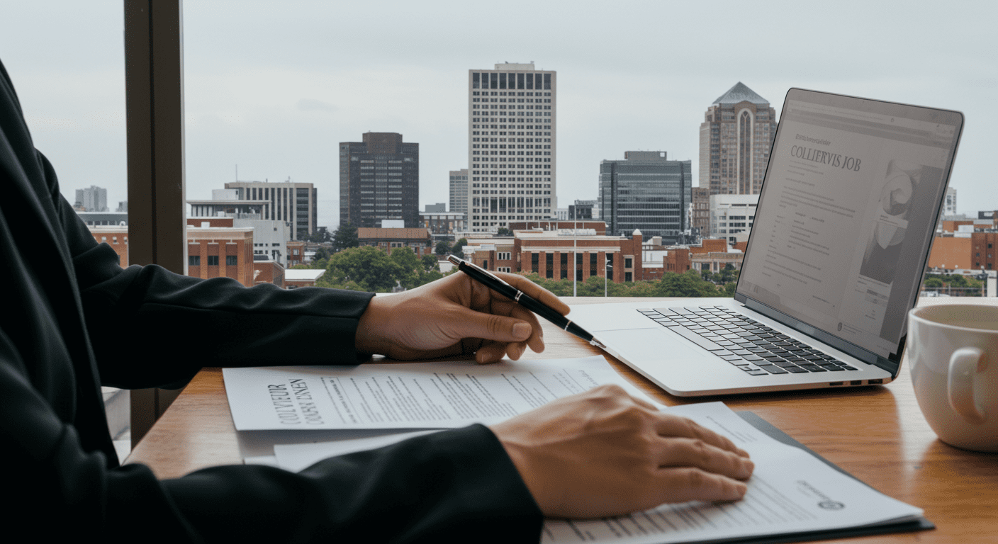 A person sitting at a desk, reviewing job listings on a laptop, with legal documents and a coffee cup, set against a backdrop of Collierville’s skyline.