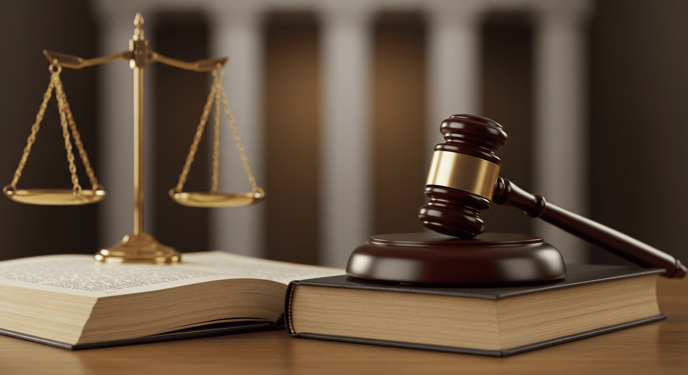 A symbolic image of a gavel resting on a legal book, with a blurred background of a courthouse. This represents justice and the legal system's accessibility.