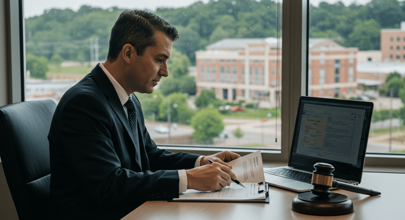 A lawyer reviewing a case file in a modern office, with a large window showing a view of Marietta, GA, symbolizing local expertise in car accident cases.