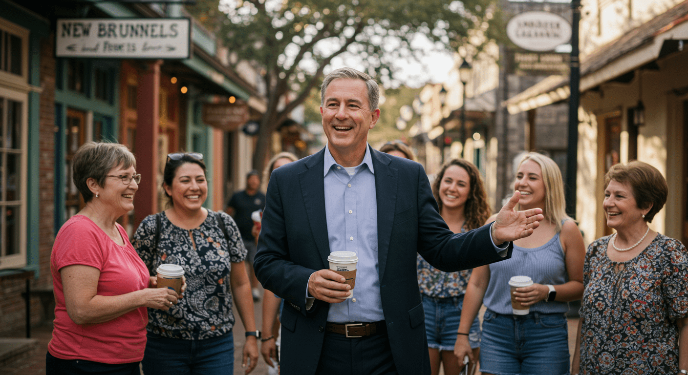 A lawyer walking through a vibrant neighborhood in New Braunfels, TX, interacting with community members, showcasing their local involvement and approachability.