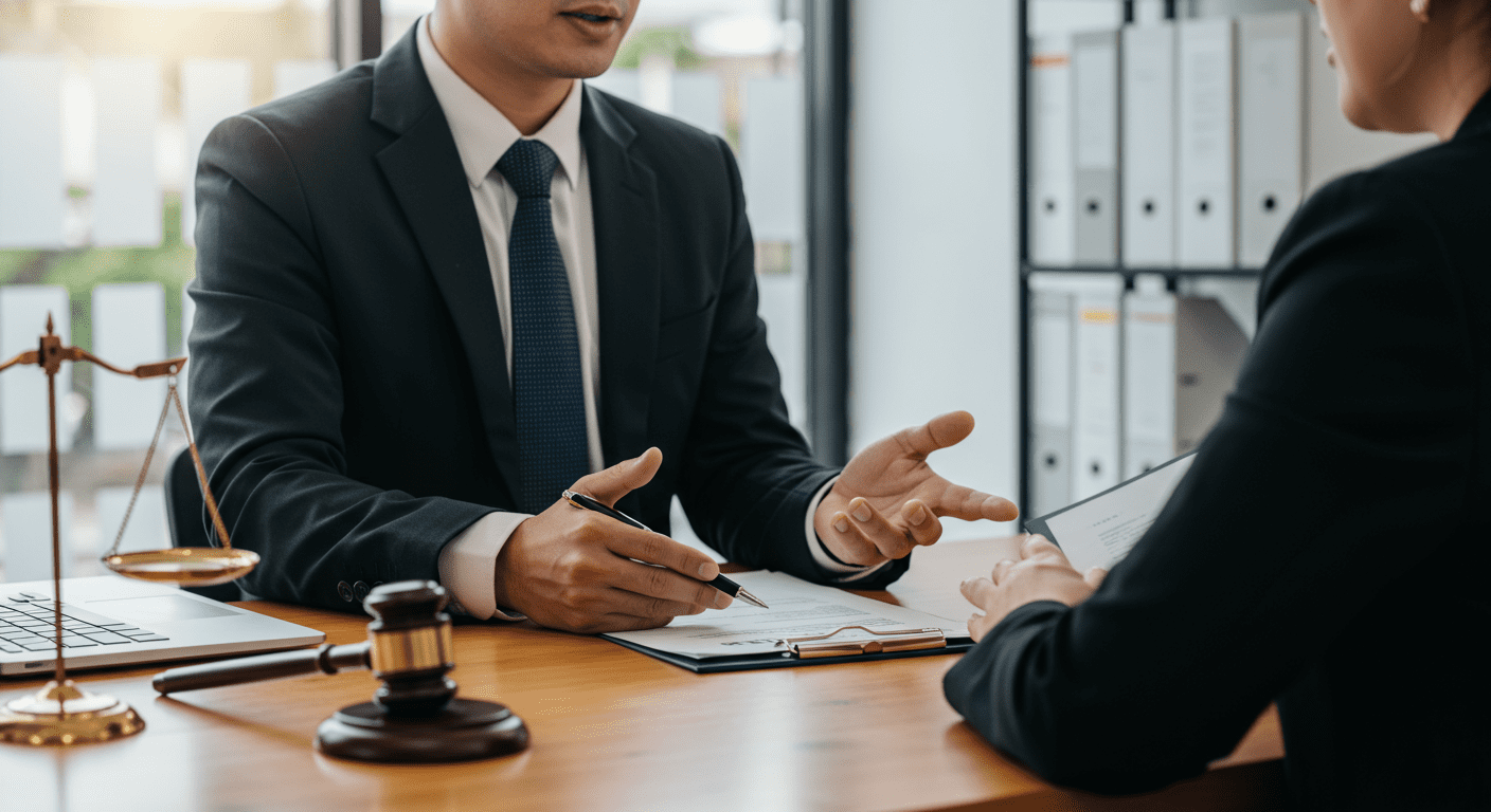 A professional lawyer in a suit, engaged in a conversation with a client in an office setting. The lawyer is gesturing towards legal documents, showcasing a supportive interaction.