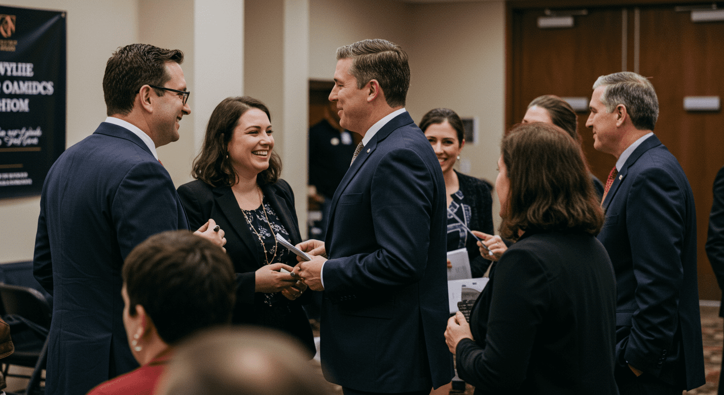 A group of lawyers from a Wylie law firm participating in a local charity event, interacting with community members and providing legal advice. The atmosphere is lively and supportive.