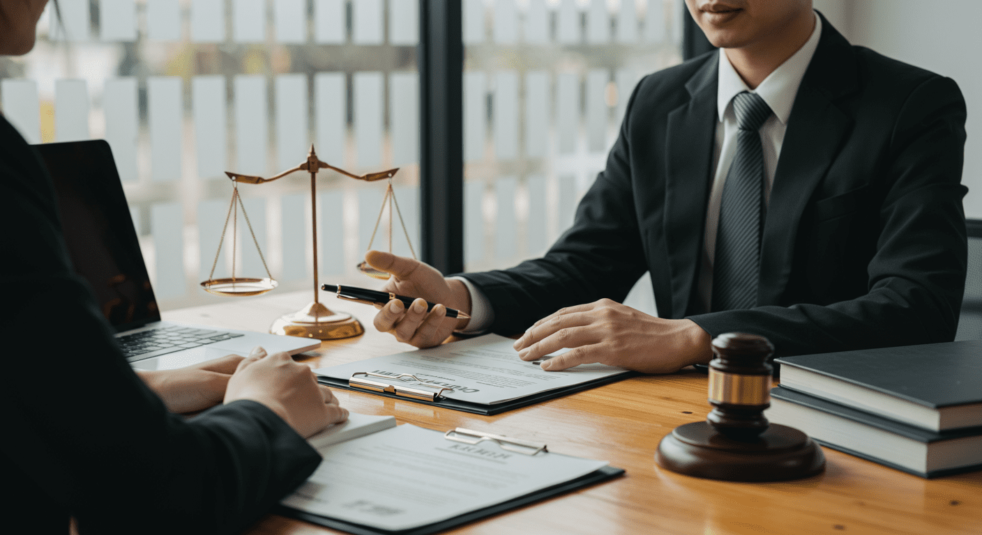 A professional setting where a lawyer is sitting across from a client, discussing a case. The lawyer is attentively listening, with legal documents and a laptop on the table.