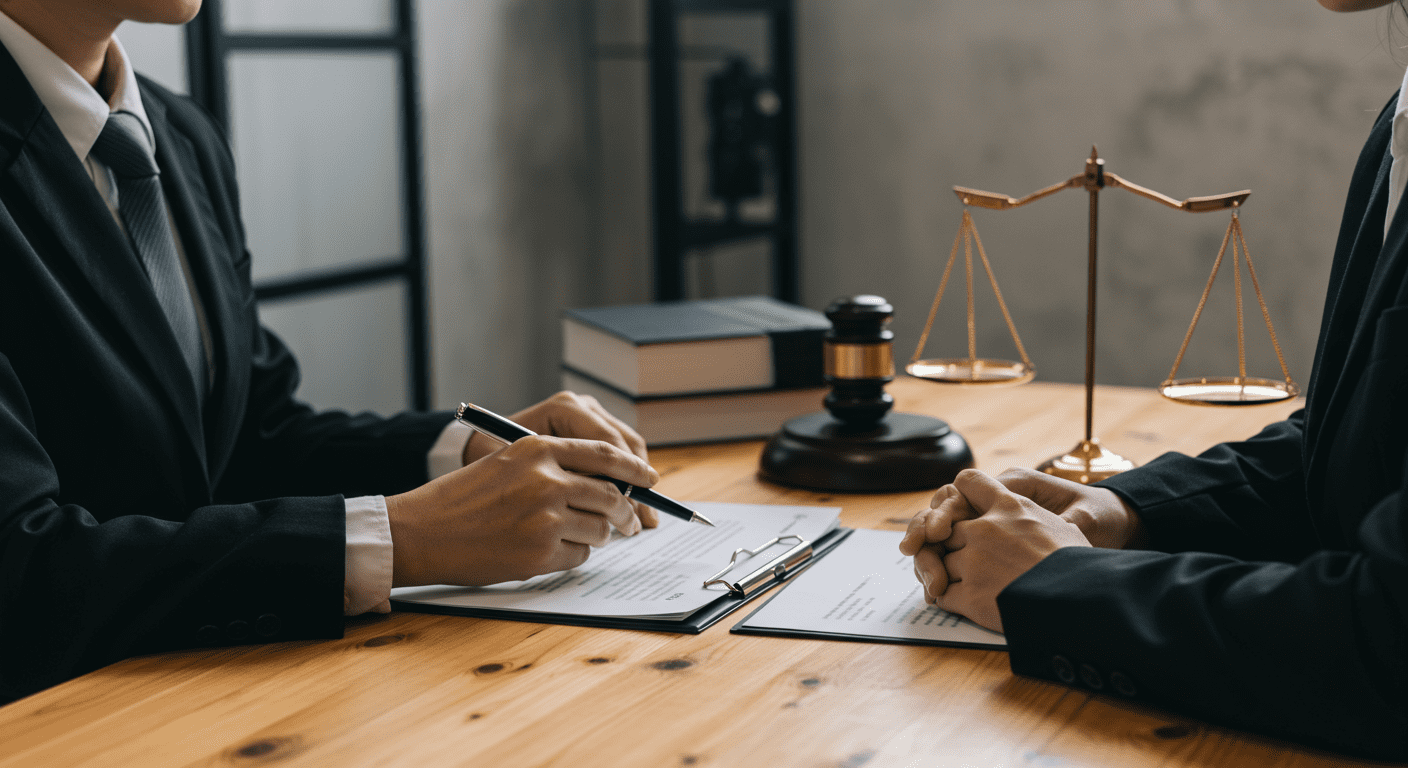 A lawyer sitting at a desk, engaging in a serious discussion with a client. The lawyer is reviewing legal documents while the client looks attentive and concerned.