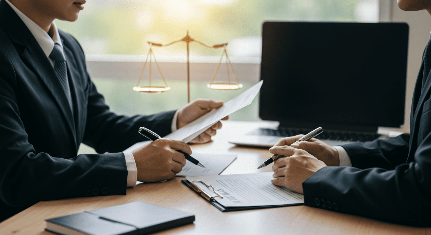 A lawyer and a client sitting across from each other at a desk, engaged in a serious discussion. The lawyer is reviewing documents while the client looks attentive and concerned.