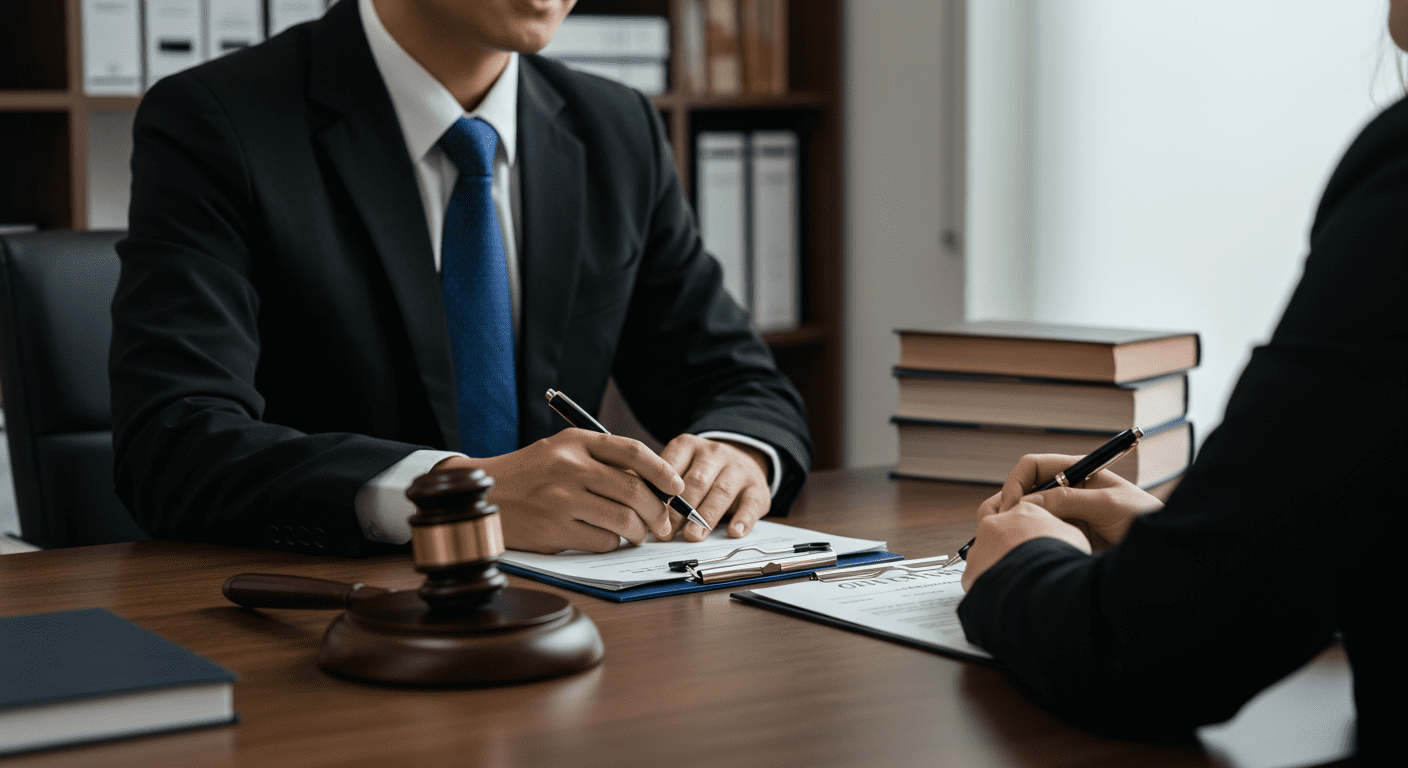 A professional setting where a personal injury lawyer is sitting across from a client in an office. The lawyer is attentively listening and taking notes, with legal books and documents visible in the background.