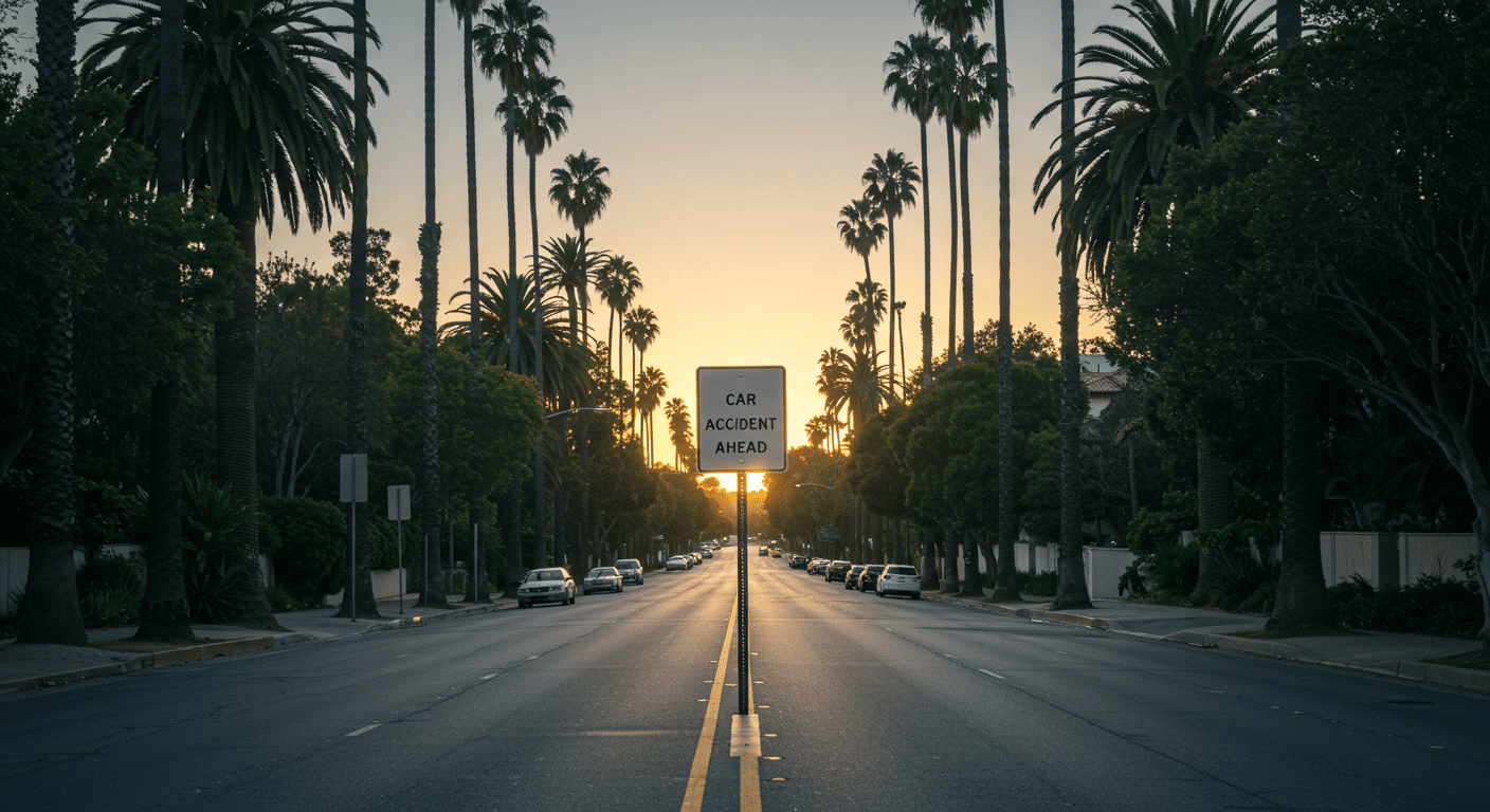 A serene street in Pasadena with a 'Car Accident Ahead' sign, symbolizing caution and the need for legal advice.