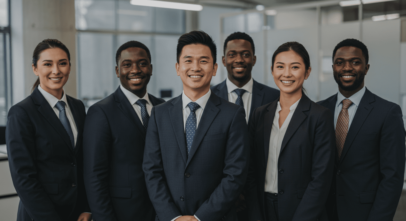 A diverse group of attorneys standing together in a law office, smiling confidently. They are dressed in professional attire, showcasing teamwork and expertise in insurance law.