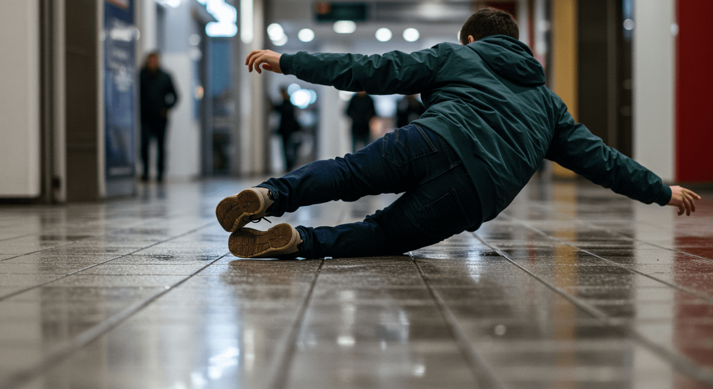 A close-up of a person slipping on a wet floor in a public space, with a focus on the action and the surrounding environment. This image captures the moment of the accident, highlighting the risks involved.