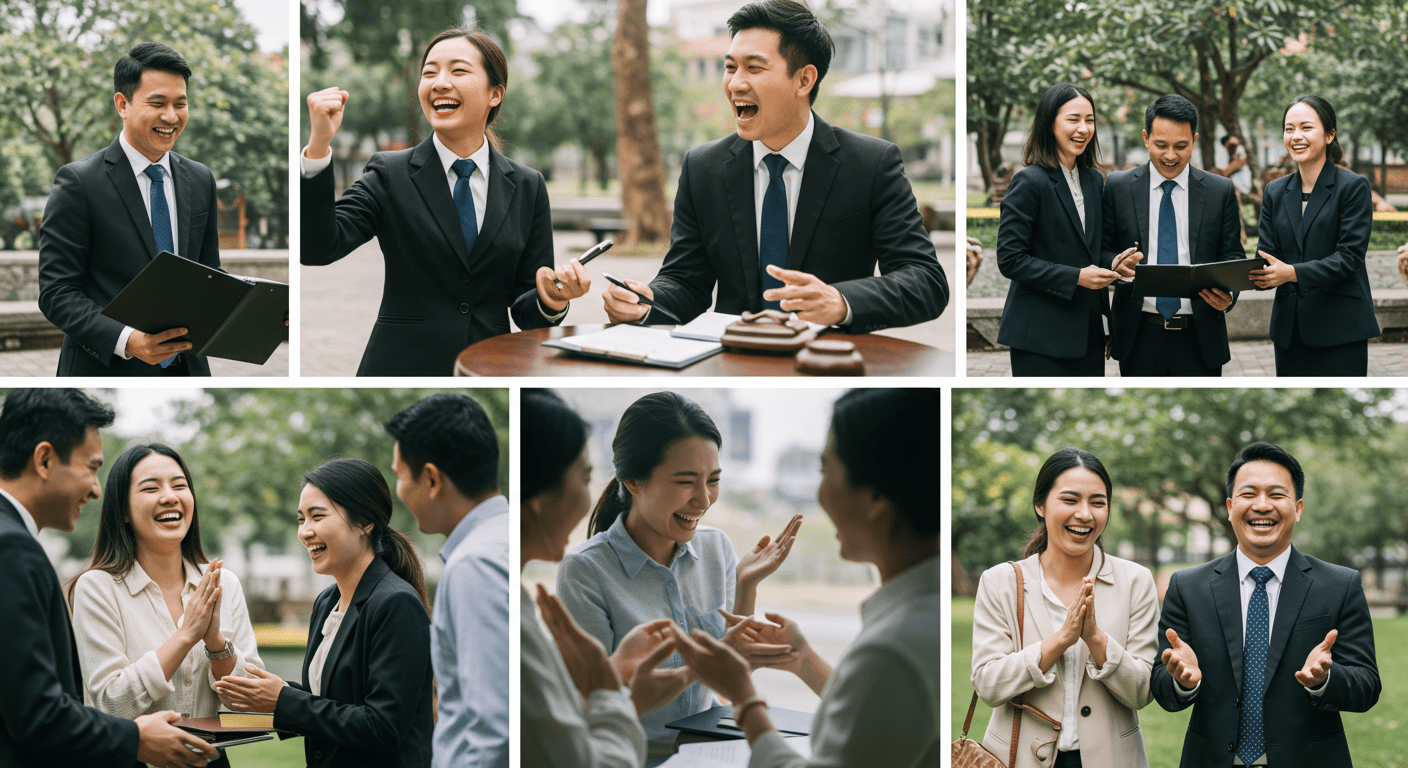 A collage of images showing happy clients celebrating their success after winning a case, with a lawyer in the background. The setting is outdoors, showcasing a sense of achievement and relief.
