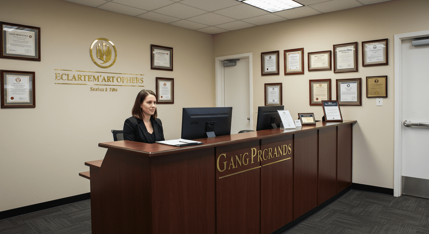 A welcoming law office reception area with a friendly receptionist ready to assist clients. The space is well-lit, with legal books and certificates displayed on the walls.