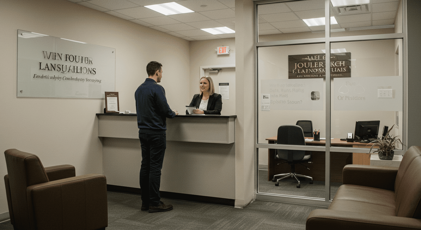 A client entering a law office for a consultation, greeted by a friendly receptionist. The office is welcoming, with comfortable seating and legal-themed decor.