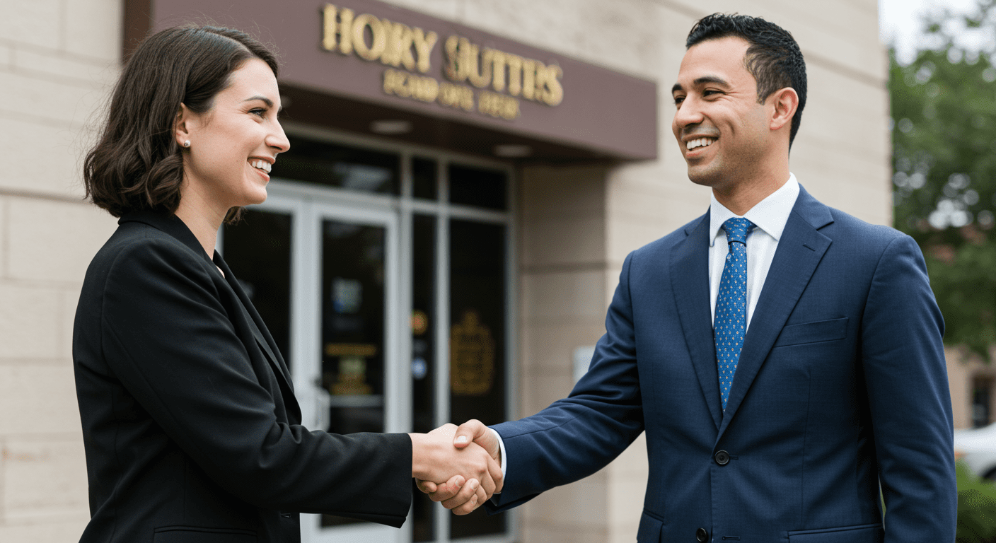 A happy client shaking hands with their lawyer outside the law office, symbolizing a successful partnership. The background features the law office building, emphasizing local representation.