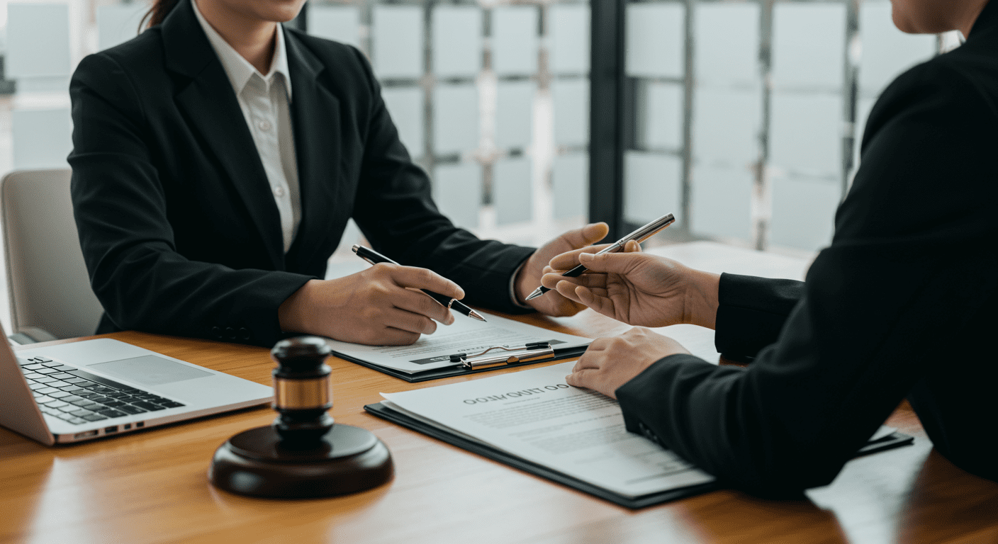 A personal injury lawyer sitting across from a client in a modern office setting, discussing a case with documents spread out on the table.
