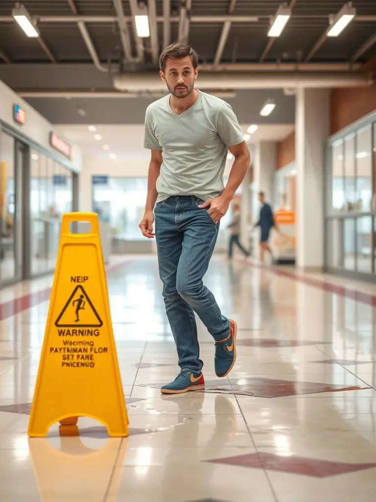 Image of a person slipping on a wet floor with a warning sign nearby, illustrating a slip and fall incident.