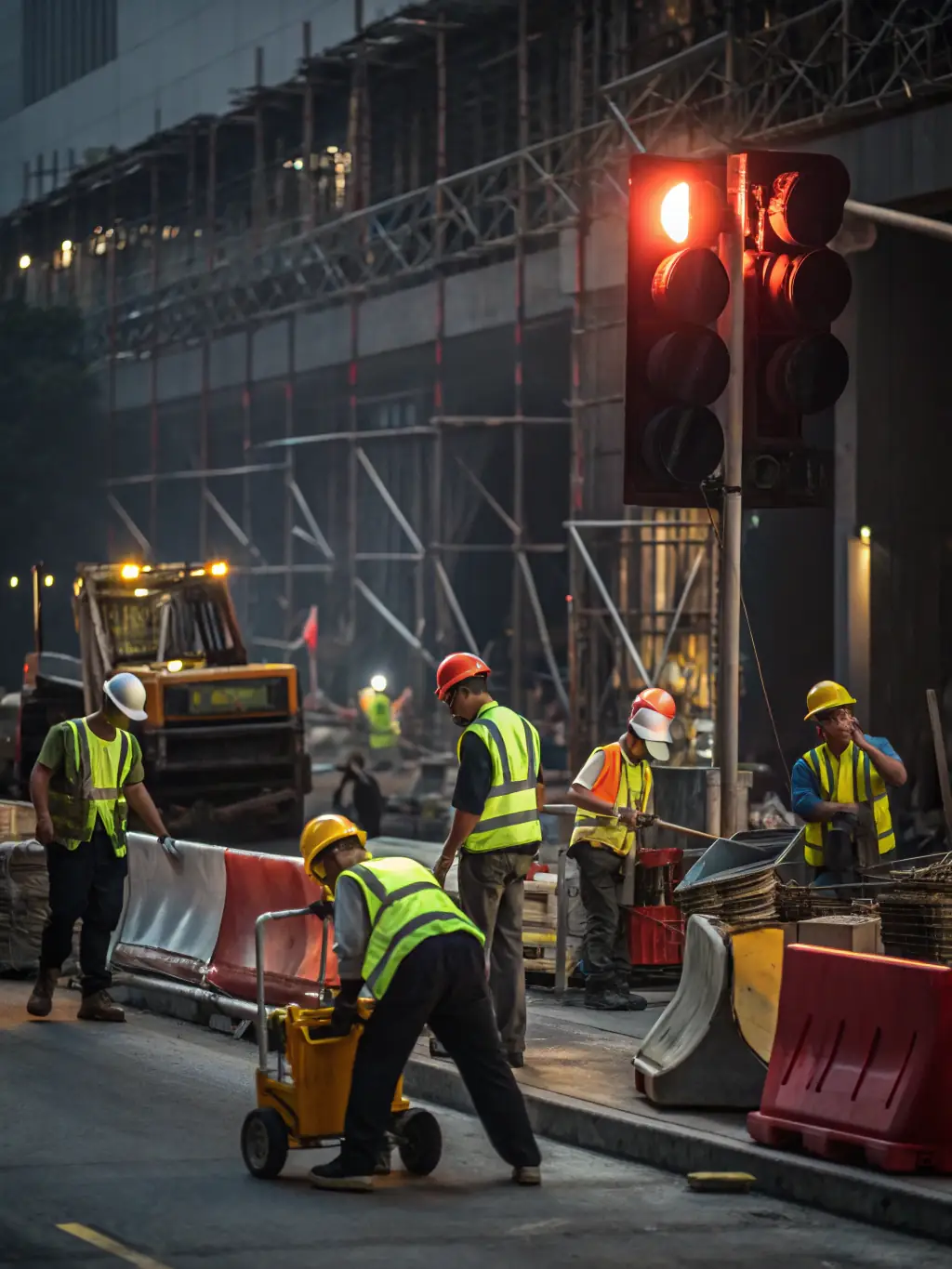 Image of a construction site with workers wearing hard hats, highlighting the potential dangers of workplace accidents.