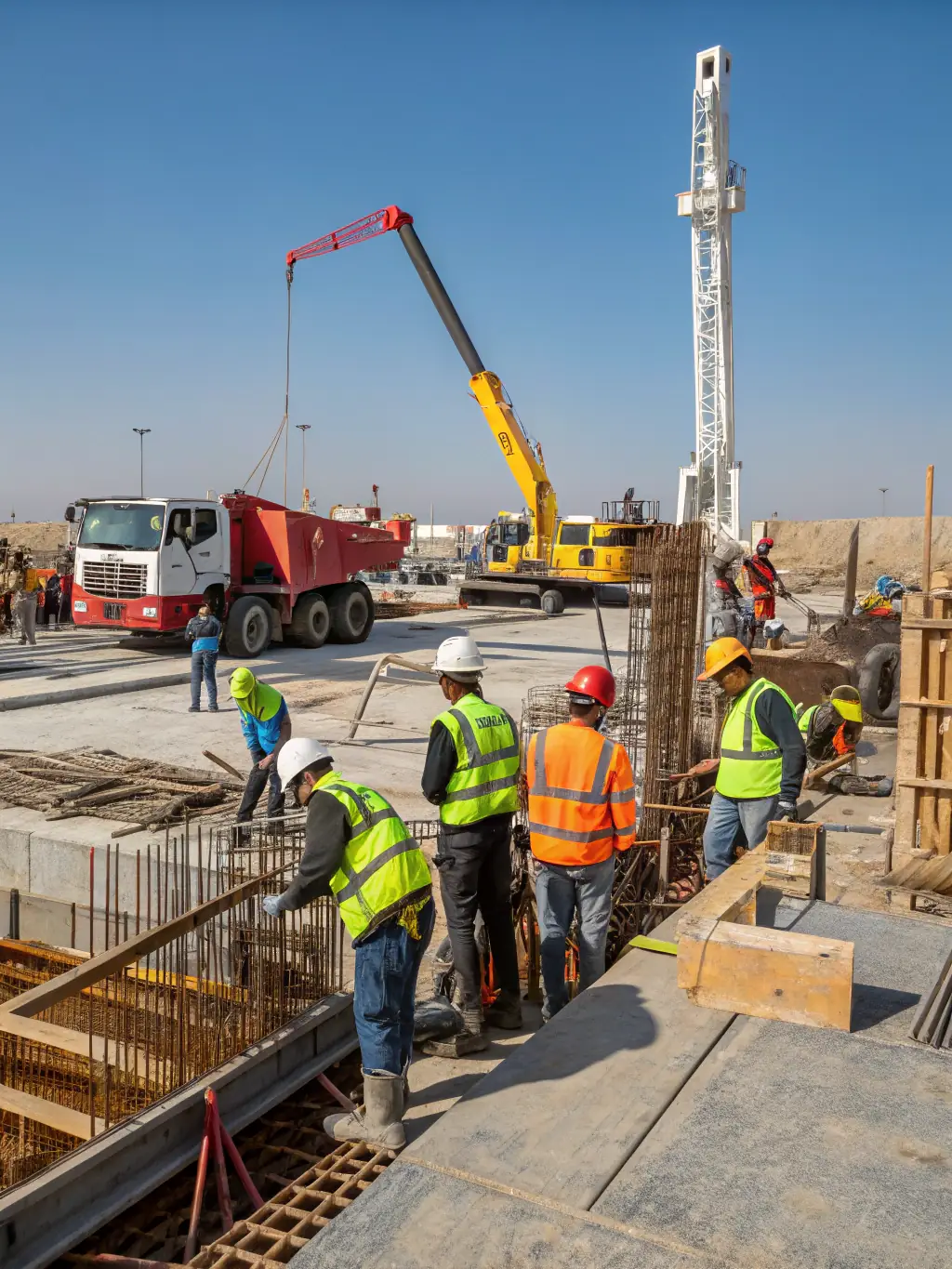 A construction site with workers wearing hard hats, focusing on potential hazards like scaffolding and heavy machinery, symbolizing workplace and construction accidents.