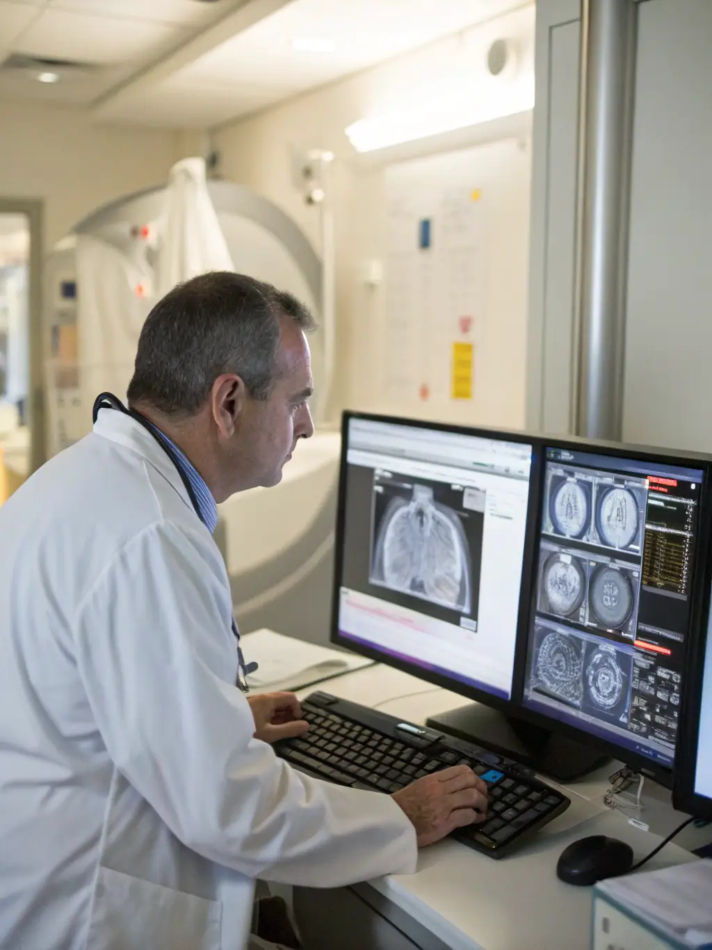 A doctor examining an X-ray, with a focus on the medical equipment and the concerned expression of the patient, representing medical malpractice cases.