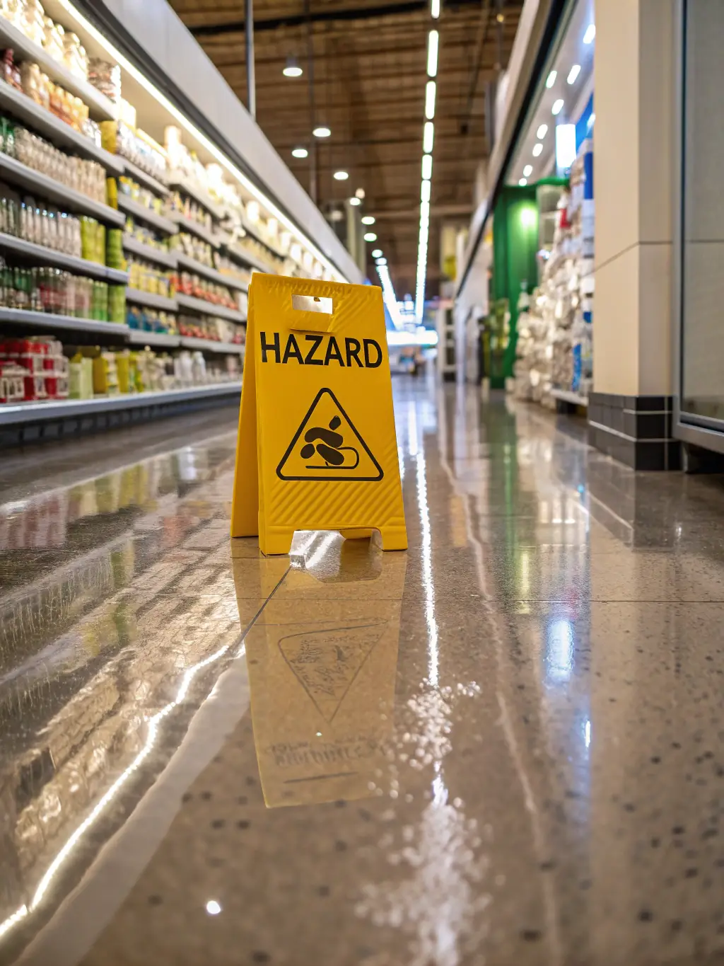 A person slipping on a wet floor in a grocery store, with a 'Caution: Wet Floor' sign nearby, representing slip and fall injury cases.