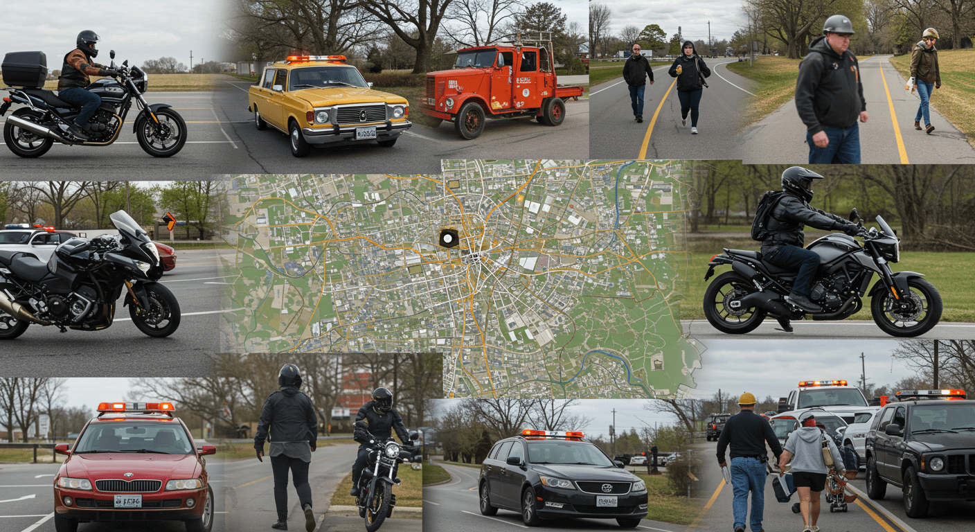 A collage of various accident scenes (car, motorcycle, and pedestrian) with a subtle overlay of the Marietta city map in the background, symbolizing the local impact of accidents.