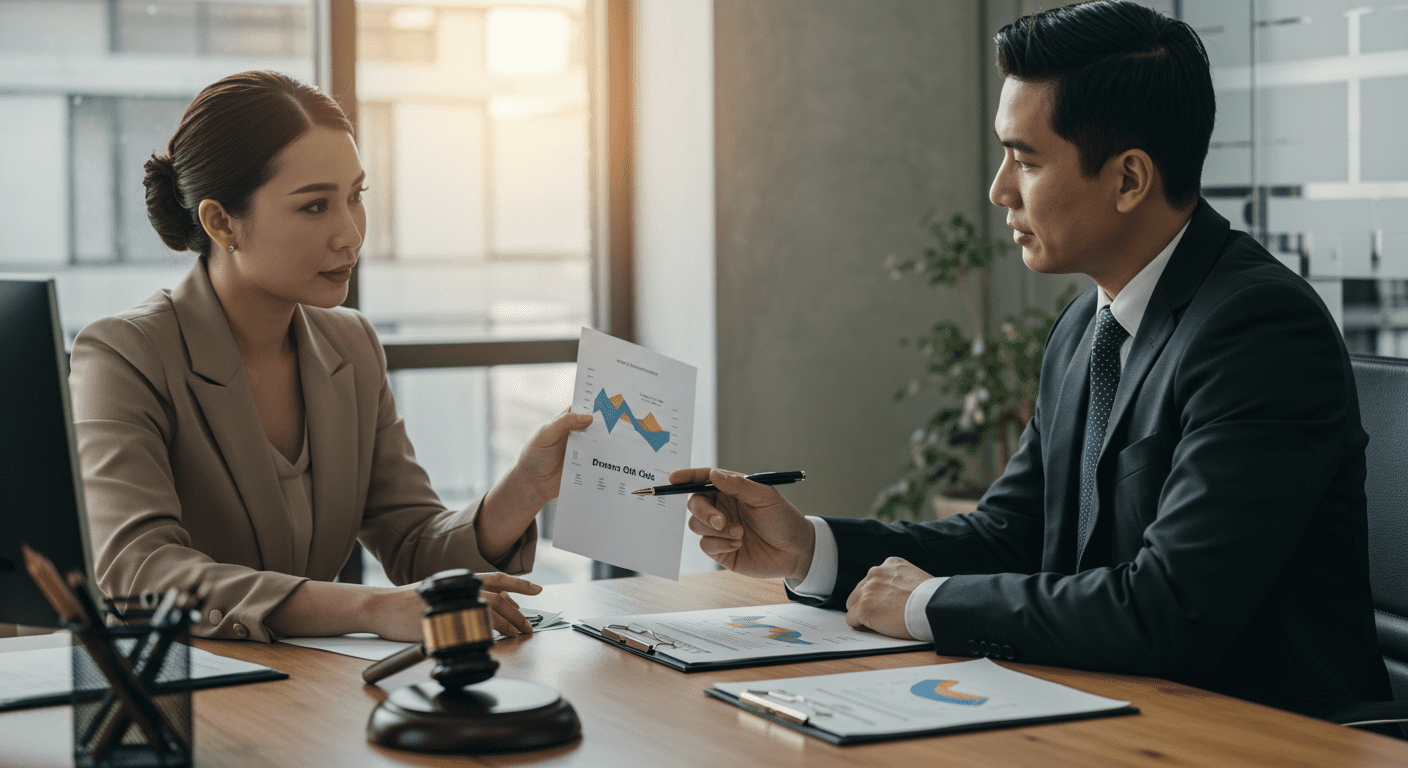 An attorney and a client in a modern office, with the attorney pointing to a chart displaying workers' compensation statistics. The atmosphere is collaborative and supportive, emphasizing the importance of legal guidance.