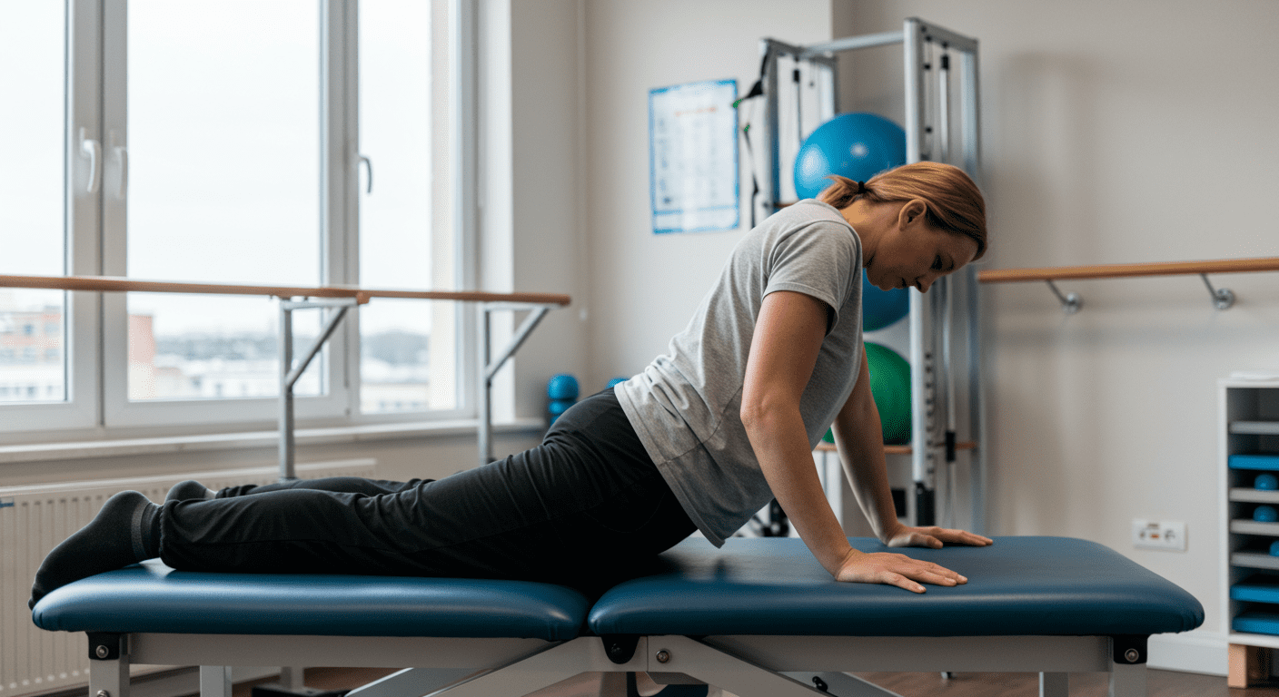 A serene image of a person in a rehabilitation center, performing physical therapy exercises for a back injury. The environment is bright and encouraging, showcasing the recovery process.